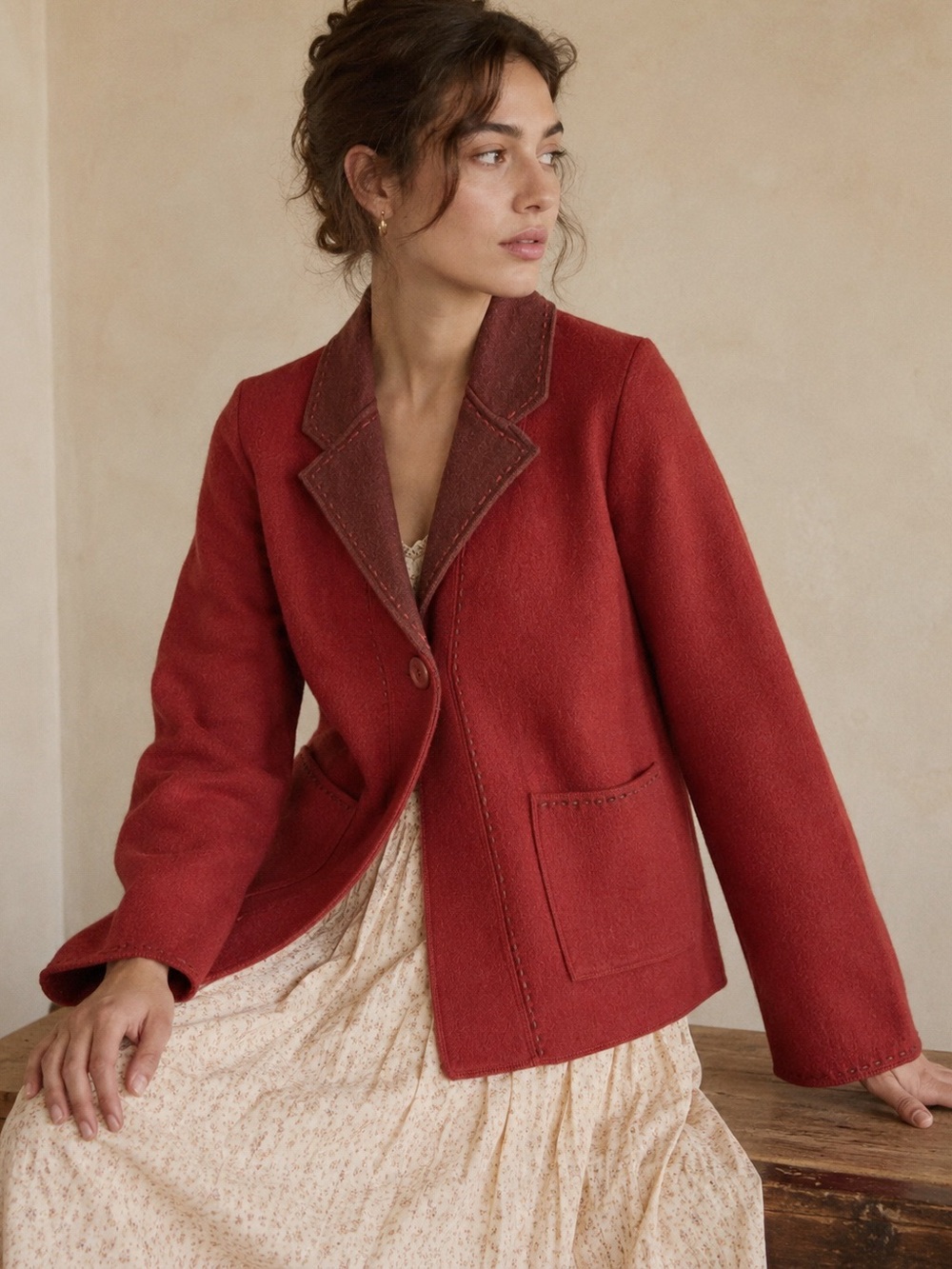 VTG Carole Little Woman Vermilion Wool Stitch Trim Cardigan Jacket SMALL Folk